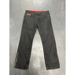 Crown Holder Y2K Denim Jeans Grey Men’s 40x34 Zipper Pockets Leather Patchwork